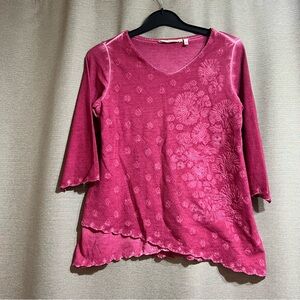 Soft Surroundings Malolo Pink Embroidered Floral Boho Scalloped Hem Top Size PXS